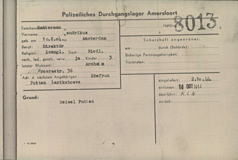 Persoonskaart Amersfoort over Hendrikus Franciscus Botterman