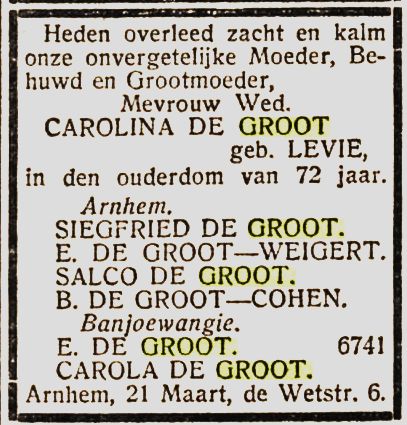 Overlijdensbericht moeder in Nieuw Israëlietisch Weekblad van 23-03-1928 hetin