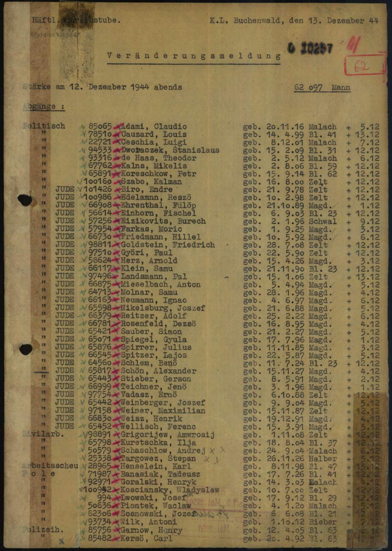 Vermelding op lijst Buchenwald